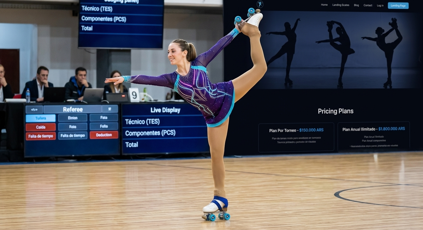 Patinadora artística en competencia con el panel de jueces y la pantalla en vivo de fondo